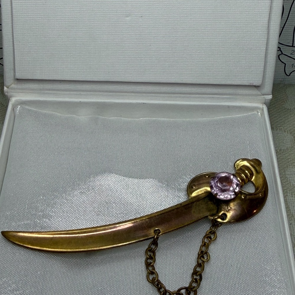 Vintage Brass Sword Brooch with Pink Gemstone
